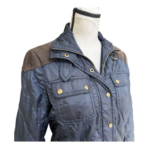 Banana Republic Women’s Quilted Jacket Small Navy Faux Suede Elbow Patches - Picture 2 of 6